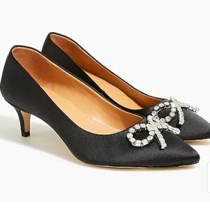 J Crew Women's Black Crystal Bow Kitten Heels - Size 9